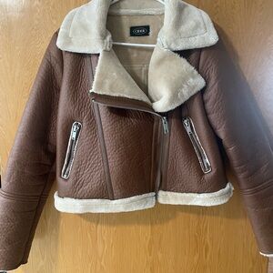 Brown and Cream Shearling Crop Jacket